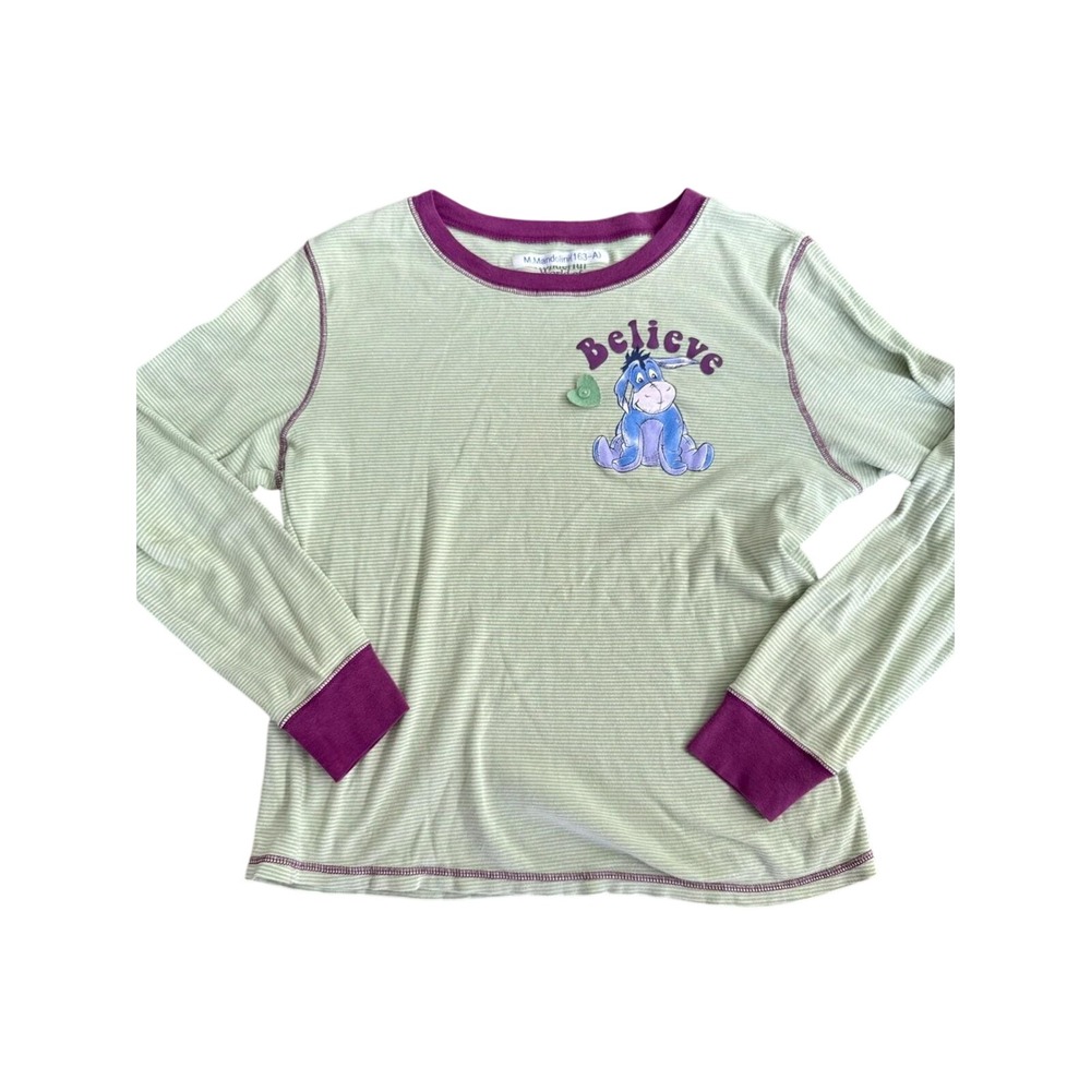 Disney Eeyore Pajama Top Believe Y2K‎ Green Striped Cotton XL Long Sleeve